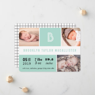 Baby Stats Monogram Groen Kleurenblok Foto Geboort Aankondiging
