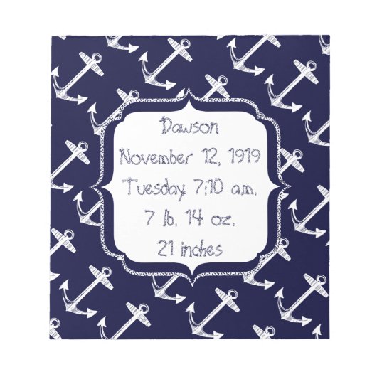 Baby Stats Nautical Navy Anchor Pattern Notitieblok (Voorkant)