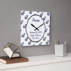 Baby Stats Nautical Navy Anchor Pattern Vierkante Klok