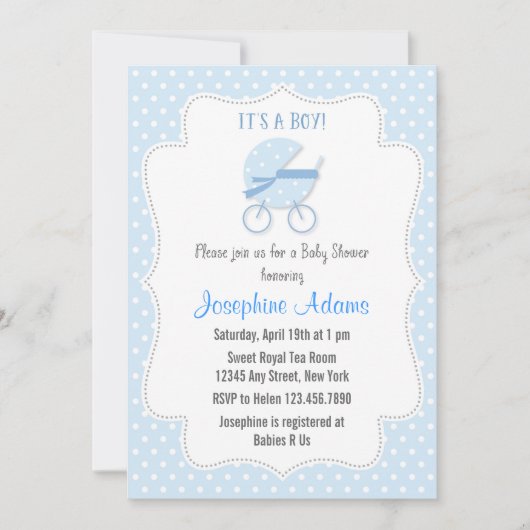 Baby Stroller Baby shower Invitation Blue Kaart (Voorkant)