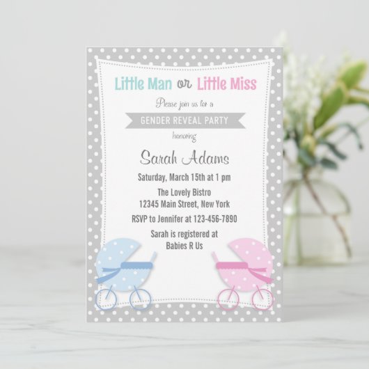 Baby Stroller Gender Reopenbaart partijuitnodiging Kaart (Staand voorkant)
