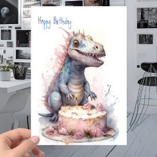 Baby T-Rex Dinosaur met Cake - Kinderen van Birthd Kaart