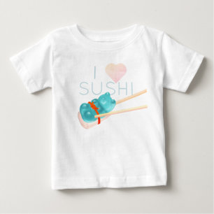 Baby T-shirt met blauwe gombeer "Ik hou van sushi"