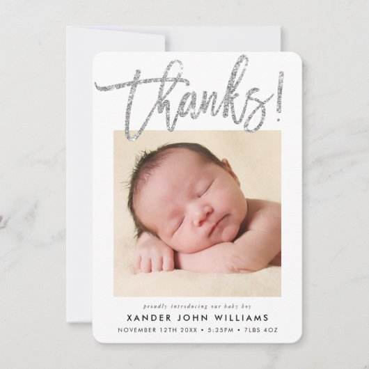 BABY THANKS moderne minimale script babyfoto Bedankkaart (Voorkant)