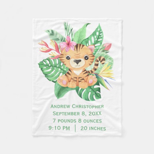 Baby Tiger Tropical Flowers Birth Stats Fleece Deken (Voorkant)