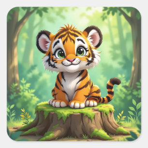 Baby Tijger   Mooie Cartoon Kinderkamer Kunst Vierkante Sticker