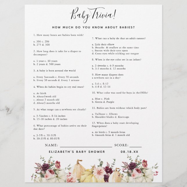 Baby Trivia | Baby Shower Spel (Voorkant)