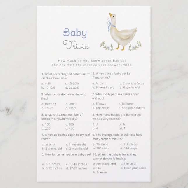 Baby Trivia Blue Goose baby shower spel (Voorkant)