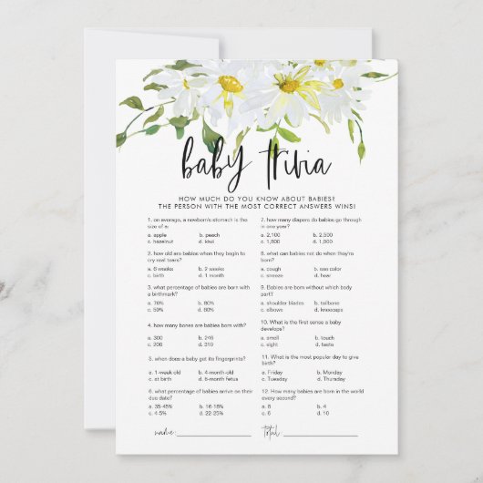 Baby Trivia Daisy Baby shower carte de jeu floral (Devant)