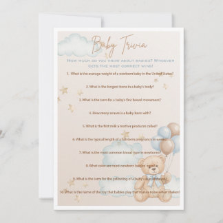 Baby Trivia Game voor Boy Baby shower, Teddy Bear Kaart
