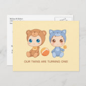 Baby Twins First Birthday Chat Bear Invitation 2 (Devant / Derrière)