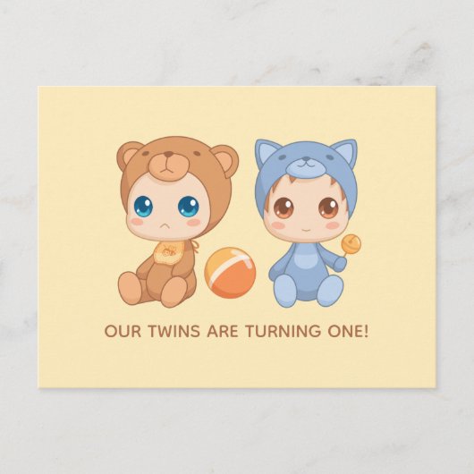 Baby Twins First Birthday Chat Bear Invitation 2 (Devant)