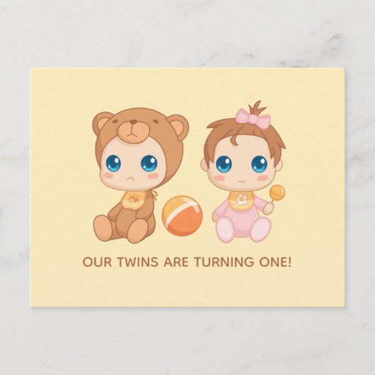 Baby Twins First Birthday Girl Bear Invitation 2 (Devant)