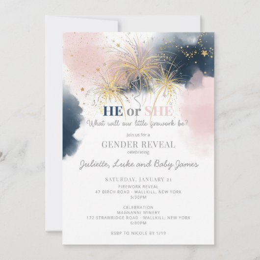 Baby U bent een Vuurwerk Genderfeest Uitnodiging (Voorkant)