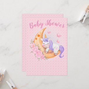 Baby Unicorn over de maan met bloemen Kaart