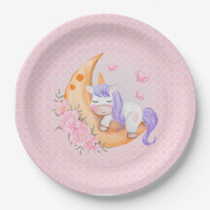 Baby Unicorn over de maan met bloemen Papieren Bordje
