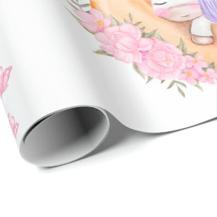 Baby Unicorn over de maan met ventilator Cadeaupapier