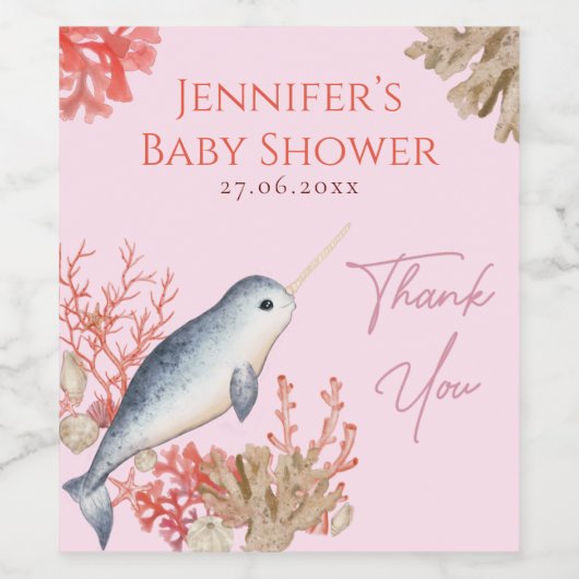 Baby van de hete oceaan, Narwhal en seizoenshells, Wijn Etiket (Enkel label)