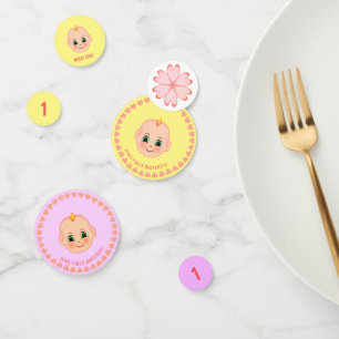 Baby verjaardag op paars en geel confetti