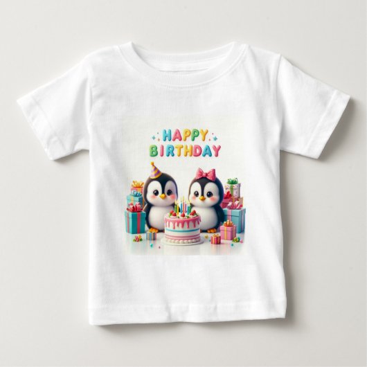 Baby Verjaardag Tshirt met pinguïns (Voorkant)