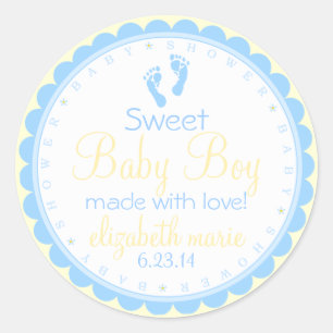 Baby Voetafdrukken-Blauw en Geel-Baby shower Ronde Sticker