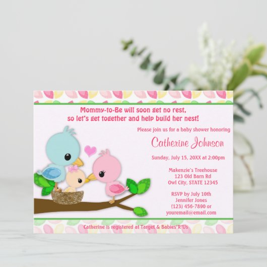 Baby Vogelnesten Babyschoenen Invitaties GIRL-fami Kaart (Staand voorkant)