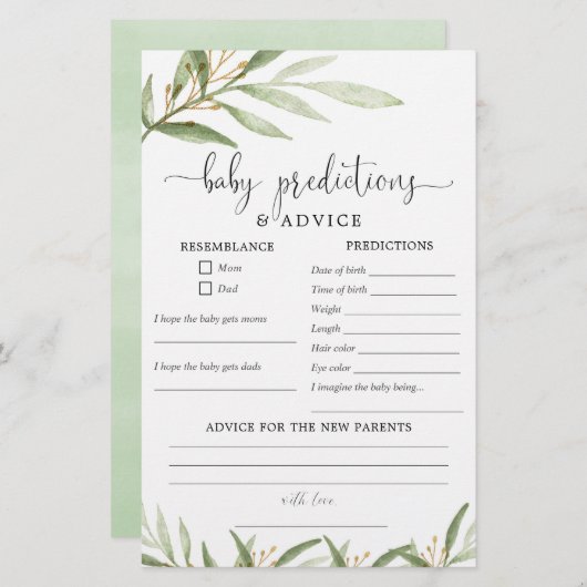 Baby voorspellingen kaart greenery gold (Voorkant / Achterkant)