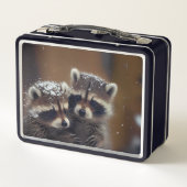 Baby wasberen huddle in vallende sneeuw (Achterkant)