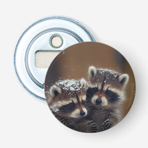 Baby wasberen huddle in vallende sneeuw button flesopener