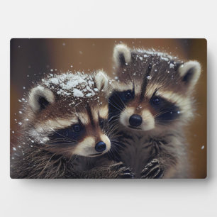 Baby wasberen huddle in vallende sneeuw fotoplaat