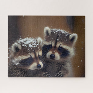Baby wasberen huddle in vallende sneeuw legpuzzel
