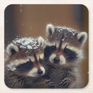 Baby wasberen huddle in vallende sneeuw vierkante kartonnen onderzetter