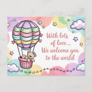 Baby Welkom met Teddybeer in Heet Lucht Ballon Briefkaart