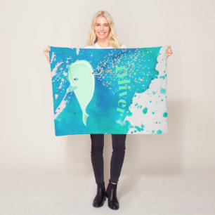 Baby Whale Gold Sparkle Blue Nautical Personal Fleece Deken