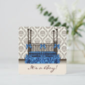 Baby Wieg Blauw Bruin Damask Baby Boy Shower Kaart (Staand voorkant)