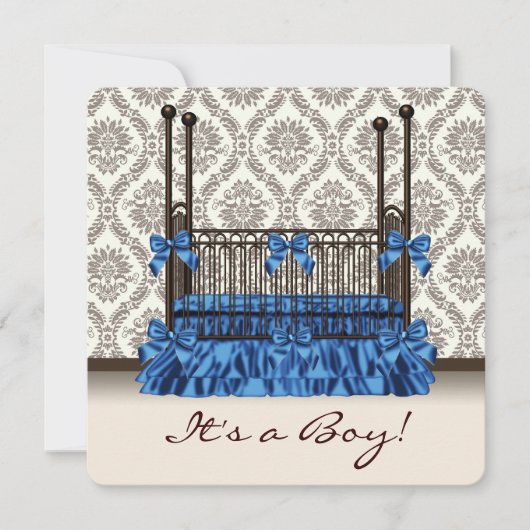 Baby Wieg Blauw Bruin Damask Baby Boy Shower Kaart (Voorkant)