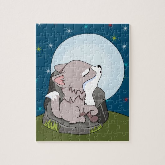 Baby Wolf Howling op een maan Legpuzzel (Verticaal)