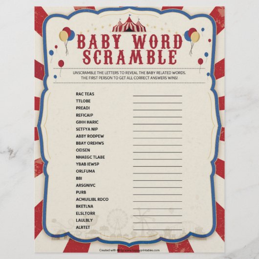Baby Word Scramble [Circus Theme] Briefhoofd (Voorkant)