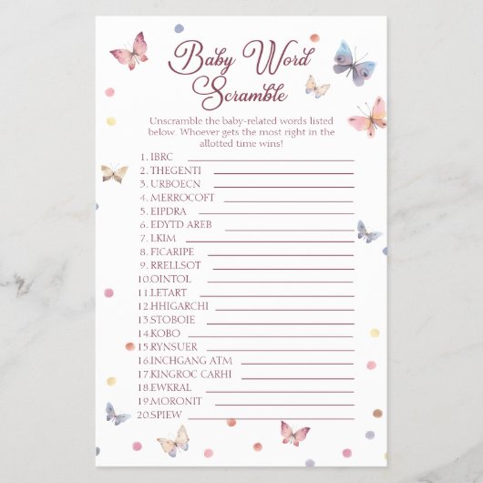 Baby Word Scramble Waterverf Vlinderdouche Flyer (Voorkant)