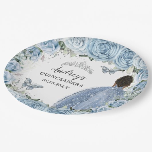 Baby Zachte Blauwe Bloemenvlinders Bruine Prinses Papieren Bordje (Gekanteld)