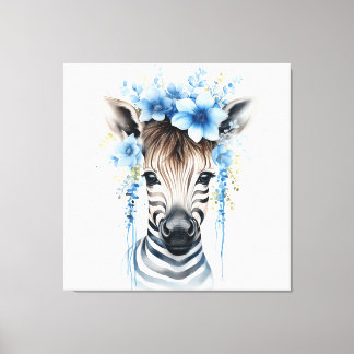 Baby Zebra - Blauwe bloemkroon Canvas Afdruk