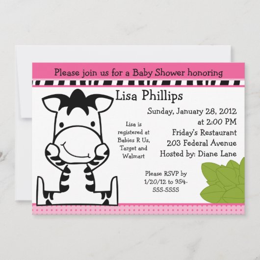 Baby Zebra Girl Baby shower Invitation (Devant)