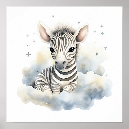 Baby zebra on clouds poster for nursery room (Devant)