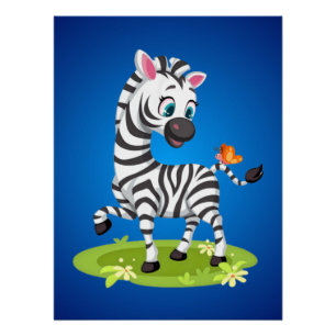 Baby Zebra Tekening Spelend met Vlinder Perfect Poster