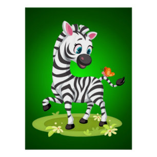 Baby Zebra Tekening Spelend met Vlinder Perfect Poster