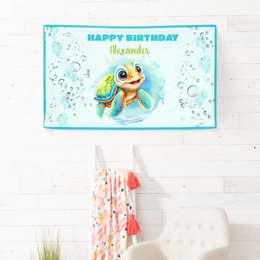 Baby Zee Turtle Boy 1e verjaardagsfeestje Spandoek (Insitu)