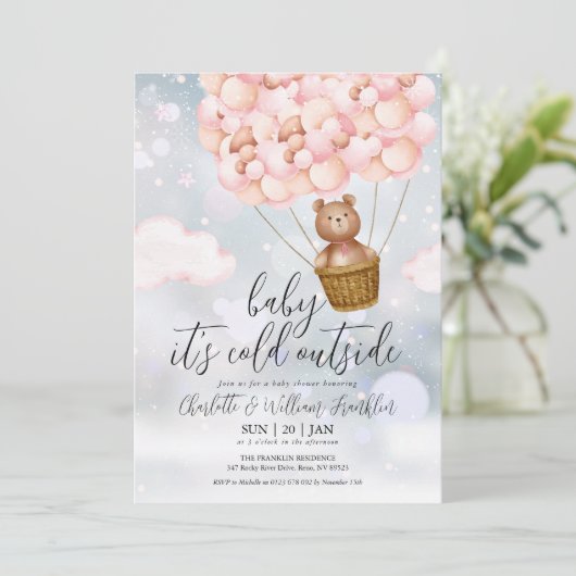 Baby zijn koude Teddy Bear Pink Winter Baby shower Kaart (Staand voorkant)