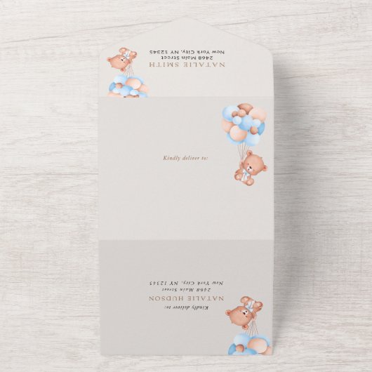 Babybeer, Blauwe Ballonnen, Eerste Verjaardag All In One Uitnodiging (Buitenkant)