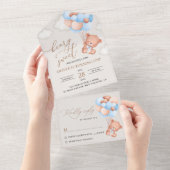 Babybeer, Blauwe Ballonnen, Eerste Verjaardag All In One Uitnodiging (Afscheurbaar)