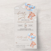 Babybeer, Blauwe Ballonnen, Eerste Verjaardag All In One Uitnodiging (Binnen)